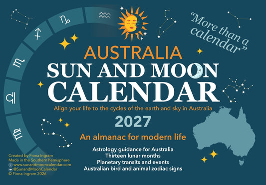 Australia Sun and Moon Calendar 2027 cover design featuring a dark teal background with white and orange typography, a circular zodiac wheel, a stylised sun, stars, and a light blue map of Australia.