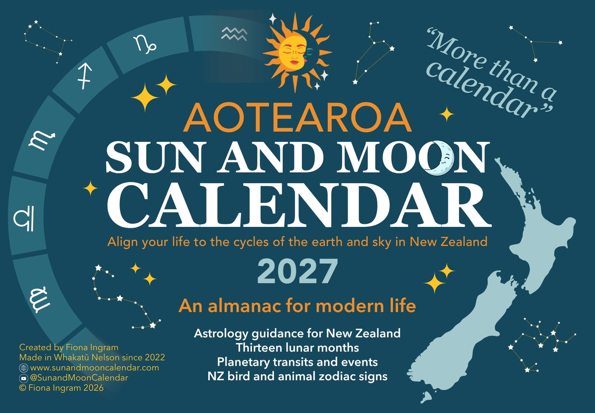 Aotearoa Sun and Moon Calendar 2027 cover design featuring a dark teal background with white and orange typography, a circular zodiac wheel, a stylized sun, stars, and a light blue map of New Zealand.