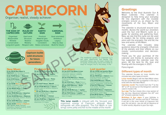 Large title "Capricorn" with a Australian kelpie dog, sign characteristics for Capricorn, planetary transits for the Capricorn lunar month. On the right hand side is a Welcome greeting and a description of lunar months, calendar months and sun signs. Orange highlights on a mint green background.