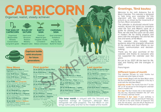Large title "Capricorn" with a NZ tahr, sign characteristics for Capricorn, planetary transits for the Capricorn lunar month. On the right hand side is a Welcome greeting and a description of lunar months, calendar months and sun signs. Orange highlights on a mint green background.